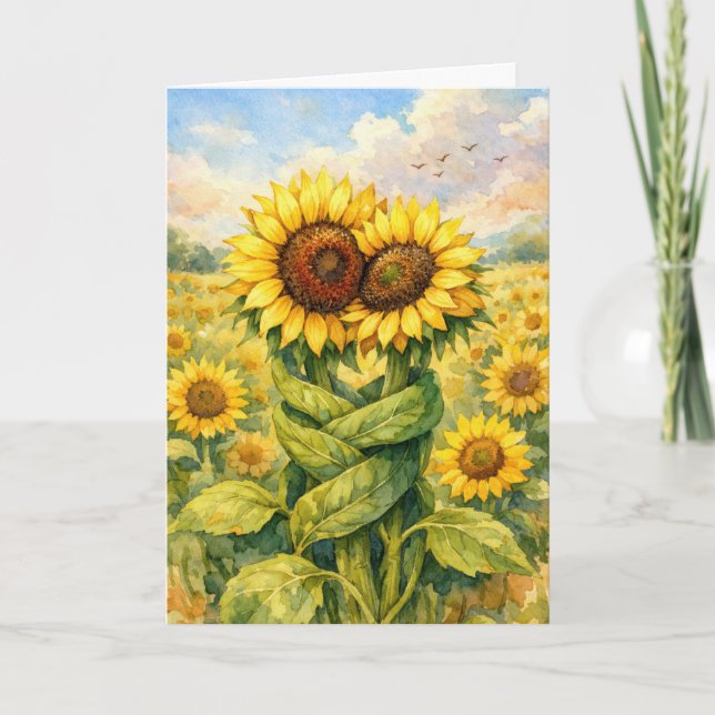 Tarjeta Girasoles de aniversario abrazándose (Anverso)