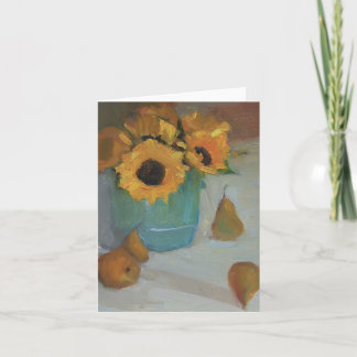 Tarjeta Girasoles en el pote de cerámica con las peras -
