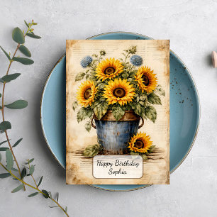 Tarjeta Girasoles vintage en cubo rústico