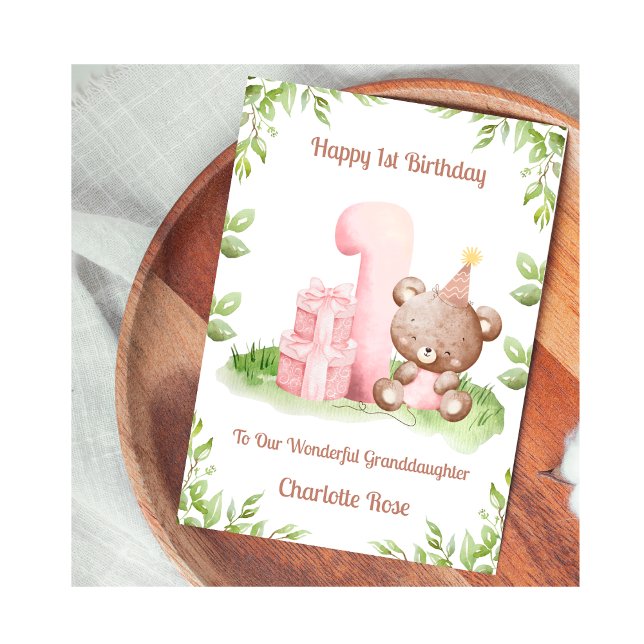 Tarjeta Girl 1st Birthday Greenery Teddy Bear Card (Subido por el creador)