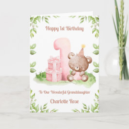 Tarjeta Girl 1st Birthday Greenery Teddy Bear Card