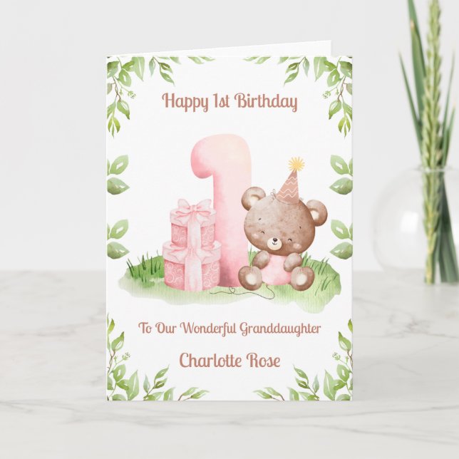 Tarjeta Girl 1st Birthday Greenery Teddy Bear Card (Anverso)