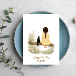 Tarjeta Girl and Black Cat on Branch