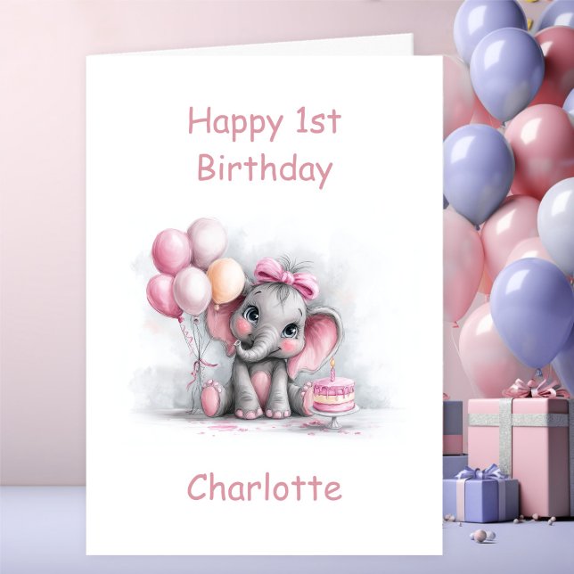 Tarjeta Girl Baby Elephant 1st Birthday (Subido por el creador)