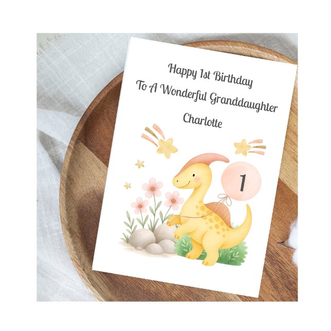 Tarjeta Girl First Birthday Pink Yellow Dinosaur Card (Subido por el creador)