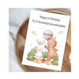 Tarjeta Girl First Birthday Woodland Rabbit Bear Card