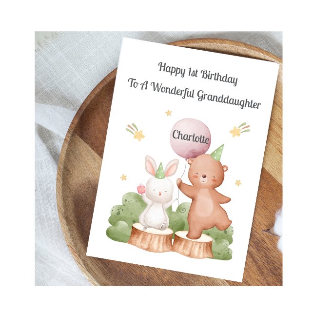 Tarjeta Girl First Birthday Woodland Rabbit Bear Card (Subido por el creador)
