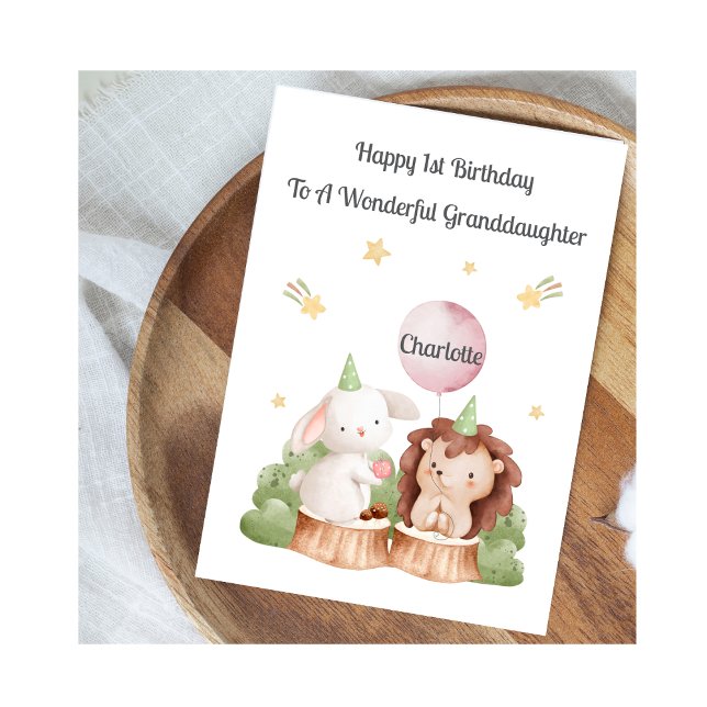 Tarjeta Girl First Birthday Woodland Rabbit Hedgehog Card (Subido por el creador)