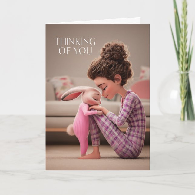 Tarjeta Girl Sitting with Bunny in Pajamas Thinking of You (Anverso)