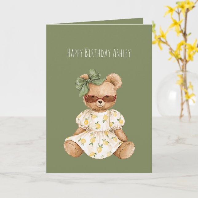 Tarjeta Girl Teddy Bear Green Bow Birthday (flor amarilla)