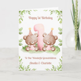 Tarjeta Girl Twins 1st Birthday Teddy Bears Card