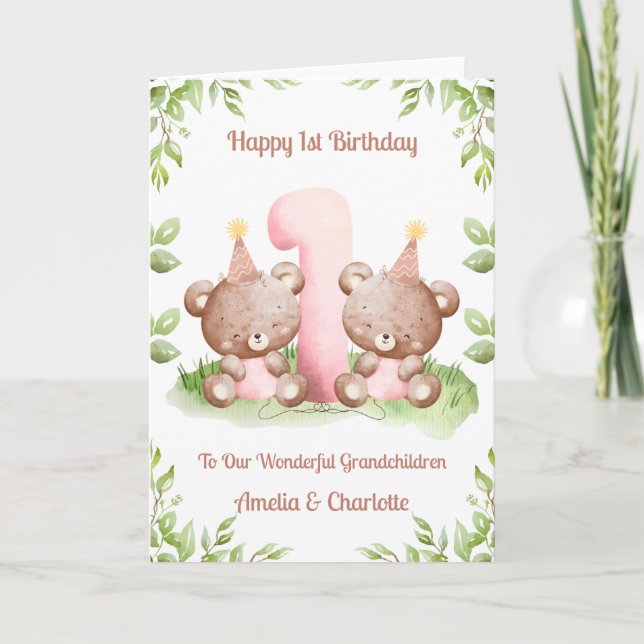 Tarjeta Girl Twins 1st Birthday Teddy Bears Card (Anverso)