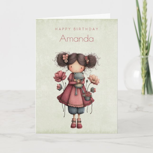 Tarjeta Girl with A Frog Doll Cute Whimsical Birthday (Anverso)