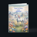 Tarjeta Girlfriend Birthday Unicorn<br><div class="desc">Envíe deseos para un cumpleaños mágico. Desearía a tu novia un feliz cumpleaños de unicornio. Una imagen de ensueño de un unicornio blanco con un arcoiris principal en un campo de flores. en el fondo hay majestuosas montañas. La carta perfecta para dar a los amantes de los unicornios mágicos y...</div>