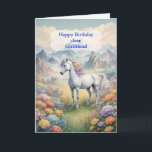 Tarjeta Girlfriend Birthday Unicorn<br><div class="desc">Envíe deseos para un cumpleaños mágico. Desearía a tu novia un feliz cumpleaños de unicornio. Una imagen de ensueño de un unicornio blanco con un arcoiris principal en un campo de flores. en el fondo hay majestuosas montañas. La carta perfecta para dar a los amantes de los unicornios mágicos y...</div>