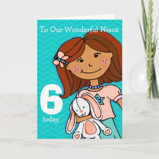 Tarjeta Girls Niece 6th birthday card girlie aqua (Anverso)