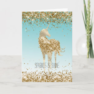 Tarjeta Girly Aqua Gold Confetti Purpurina Unicorn
