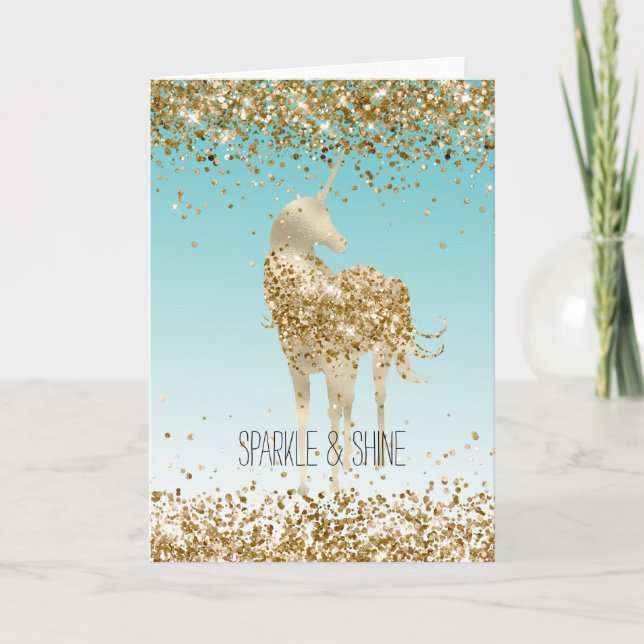 Tarjeta Girly Aqua Gold Confetti Purpurina Unicorn (Anverso)