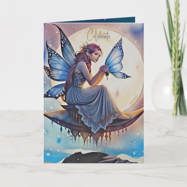 Tarjeta Girly Blue Watercolor Fairy Birday Card (Anverso)