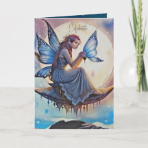 Girly Blue Watercolor Fairy Birday Card