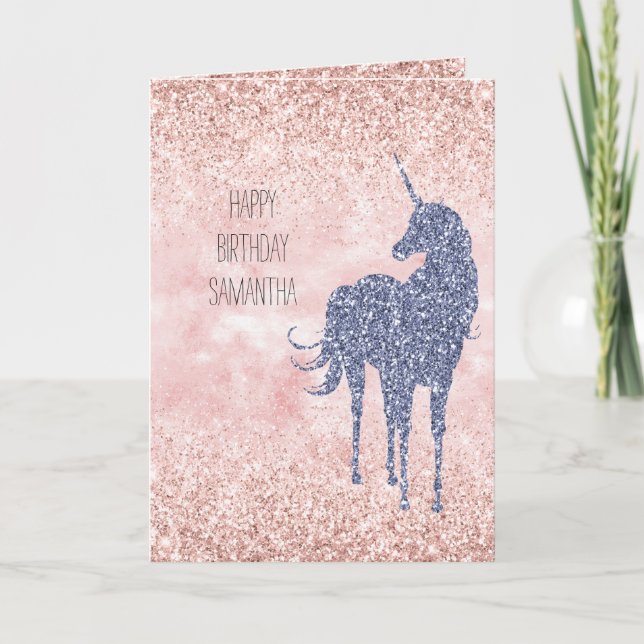 Tarjeta Girly Glam Rubor Pink Purple Unicorn Purpurina (Anverso)