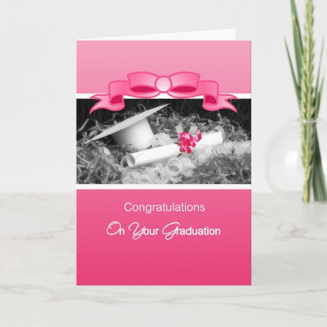 Tarjeta Girly Graduation Felicitaciones a Pink Riboon (Anverso)