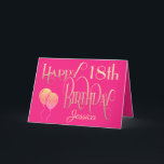 Tarjeta Girly Happy 18th Birthday Name Ornate Pink Gold<br><div class="desc">Un elegante diseño de color femenino de tipografía ornamentada en oro sobre un fondo rosado caliente por 18 años. Happy Birthday se establece en un guión decorativo, y la edad está en un tipo de letra de coordinación con el nombre en un guión elegante en la parte inferior. Personaliza fácilmente...</div>