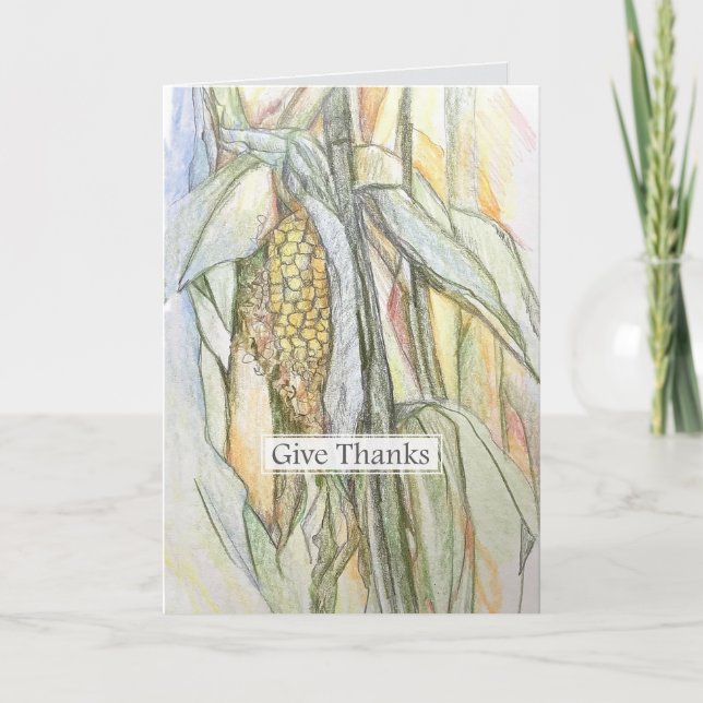Tarjeta Give Thanks Cornstalk Autumn Happy Thanksgiving (Anverso)