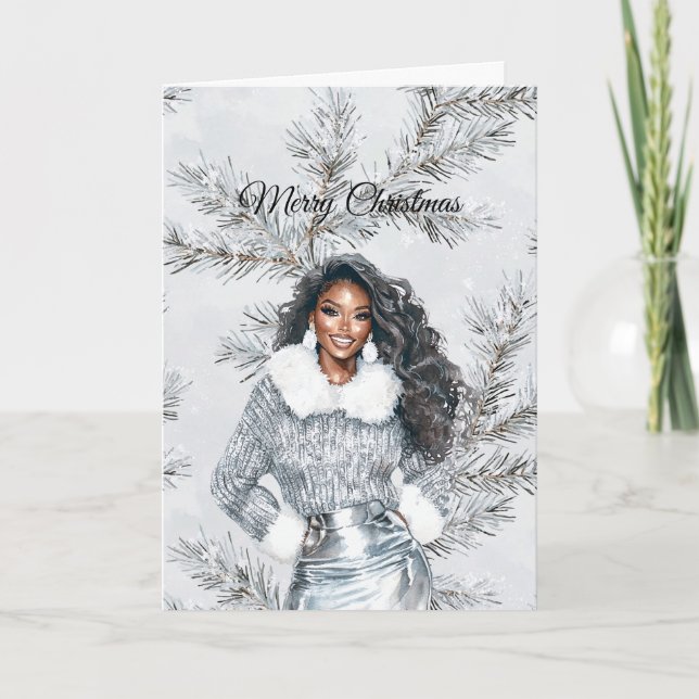 Tarjeta Glam Black Woman Silver Christmas Tree Branches (Anverso)