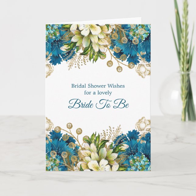 Tarjeta Glam Blue Gold Floral Bridal Shower (Anverso)