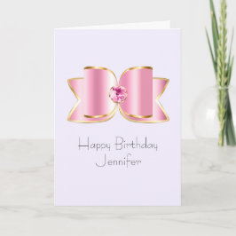 Tarjeta Glam Bow rosado con cumpleaños central de Gemstone