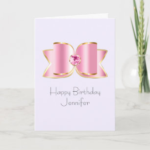 Tarjeta Glam Bow rosado con cumpleaños central de Gemstone