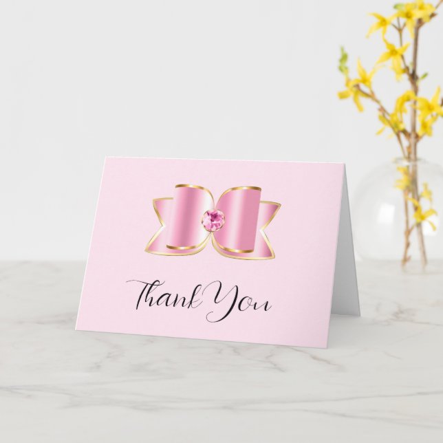 Tarjeta Glam Bow rosado con piedra angular gracias (flor amarilla)