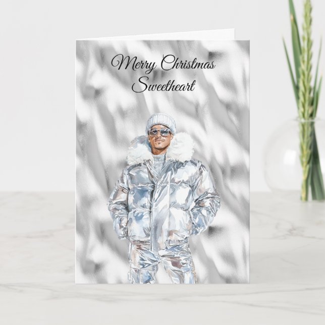 Tarjeta Glam Guy Navidad Plateada (Anverso)