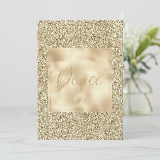 Tarjeta Glam Luxe Gold Purpurina Peace (Anverso de pie)