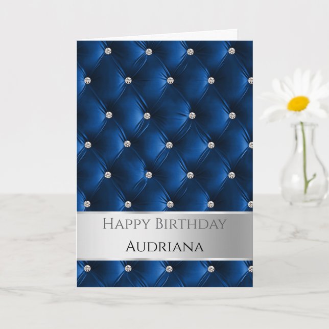Tarjeta Glam Moda Blue Faux Velvet Silver Cumpleaños (Planta pequeña)
