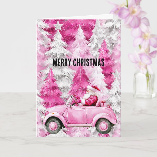 Tarjeta Glam Pink Christmas Trees Santa en auto (Orquídea)
