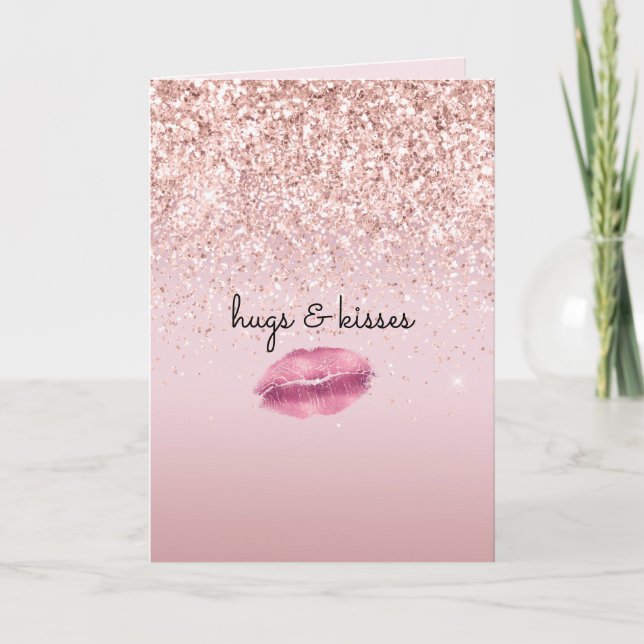 Tarjeta Glam Pink Kiss Lips Purpurina de Rubor (Anverso)