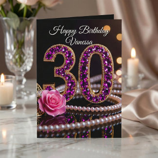 Tarjeta Glam Purple Amethyst Gems and Pearls 30th Birthday