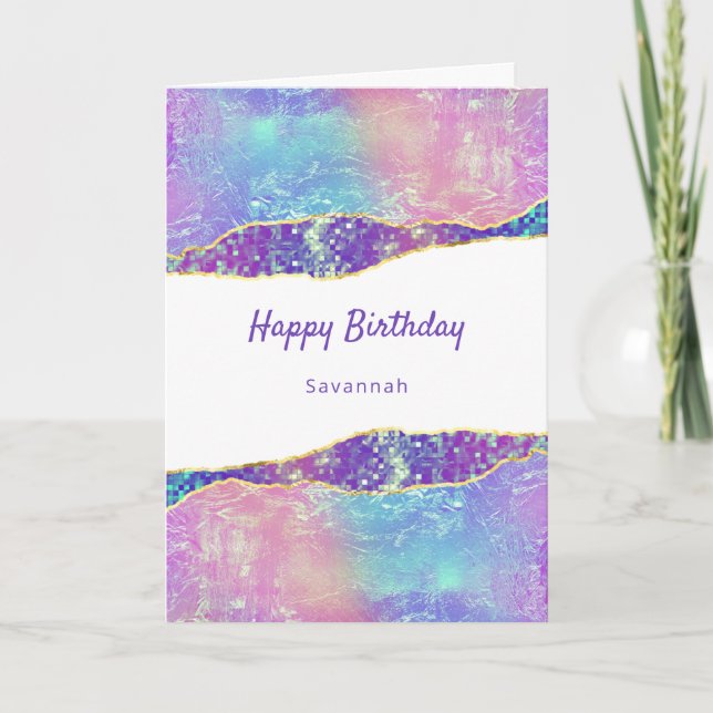 Tarjeta Glam Purple Blue Ola Rosa Personalizada Cumpleaños (Anverso)