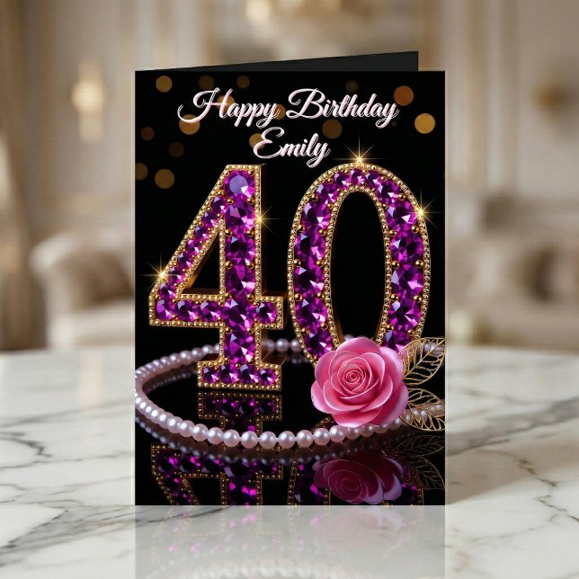 Tarjeta Glam Purple Diamonds Pearls Rose 40th Birthday (Subido por el creador)