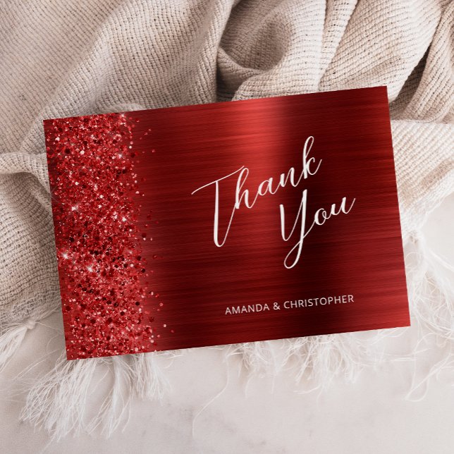 Tarjeta Glam Red Brushed Metal Wedding Flat Thank You (Subido por el creador)