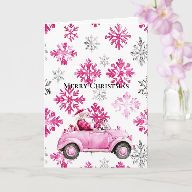 Tarjeta Glam Santa Pink Car Christmas Snowflakes (Orquídea)