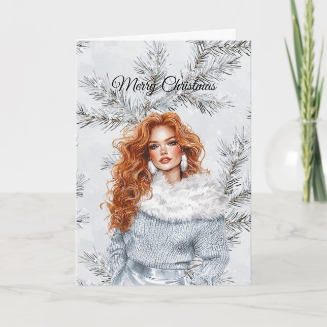 Tarjeta Glam Woman Red Hair Silver Christmas Tree Branches (Anverso)