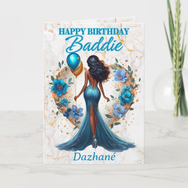 Tarjeta Glamorosa mujer afroamericana azul cumpleaños (Anverso)