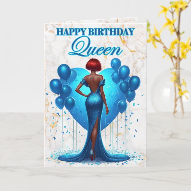 Tarjeta Glamorosa mujer afroamericana azul cumpleaños (flor amarilla)