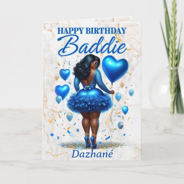 Tarjeta Glamorosa mujer afroamericana azul cumpleaños (Anverso)