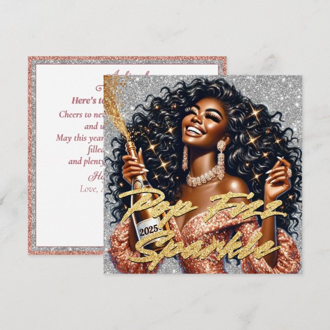 Tarjeta Glamorosa negra traspasando champagne Año Nuevo (Anverso / Reverso)