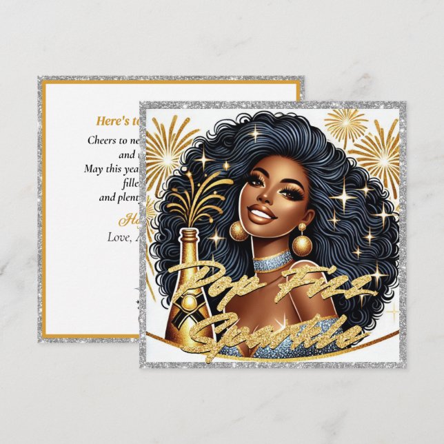 Tarjeta Glamorosa negra traspasando champagne Año Nuevo (Anverso / Reverso)