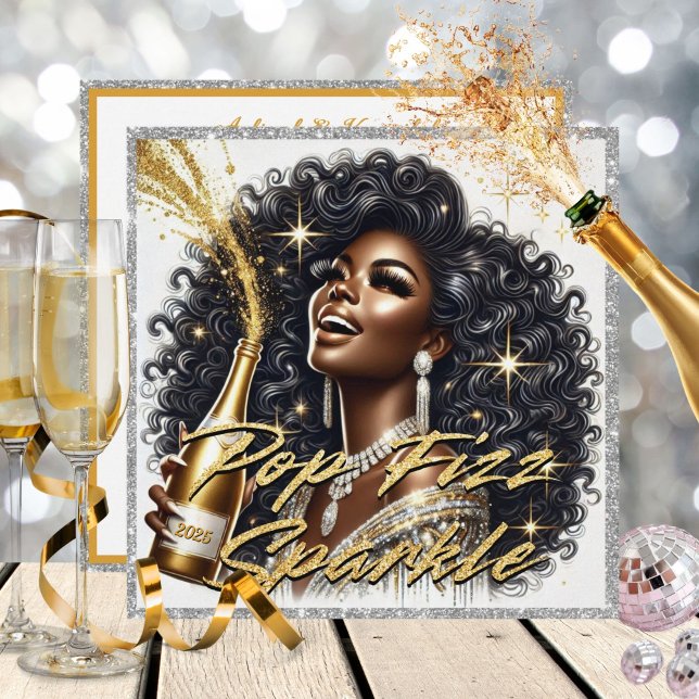 Tarjeta Glamorosa negra traspasando champagne Año Nuevo (Illustration of a glamorous Black woman wearing a silver & gold outfit, popping champagne bottle)
